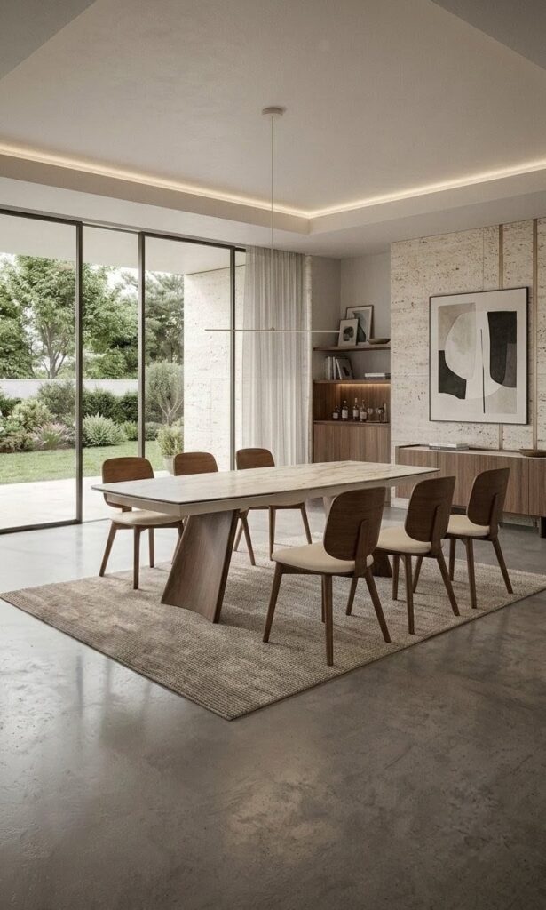 שולחן אוכל קרמיקה בגוון טרוונטין עם רגלי מתכת מעוגלות דגם אמיגו